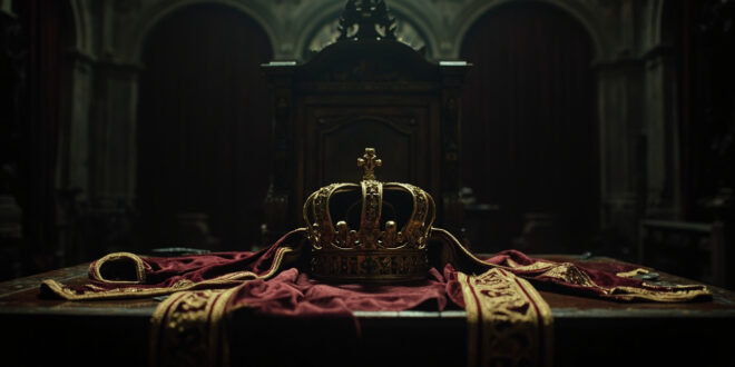 Ducal coronet and royal sash resting on dark wooden table in dimly lit palace chamber