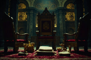 Ornate throne with coat of arms beside golden mosaic altar in vast Roman basilica with columned aisles