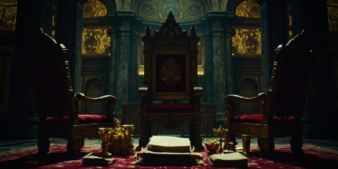 Ornate throne with coat of arms beside golden mosaic altar in vast Roman basilica with columned aisles