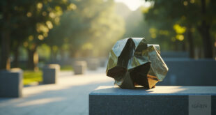 Bronze crumpled paper sculpture on stone base in wooded memorial garden with engraved fragments