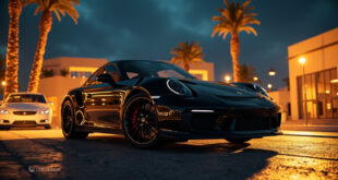Black Porsche sports car parked on palm-lined street in Casablanca with modern buildings in background