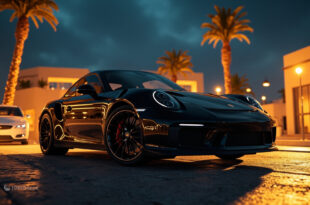 Black Porsche sports car parked on palm-lined street in Casablanca with modern buildings in background