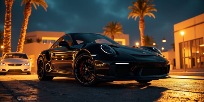 Black Porsche sports car parked on palm-lined street in Casablanca with modern buildings in background