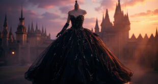 Black ballgown with full skirt and gloves on display stand before illuminated castle at dusk