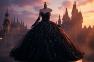 Black ballgown with full skirt and gloves on display stand before illuminated castle at dusk