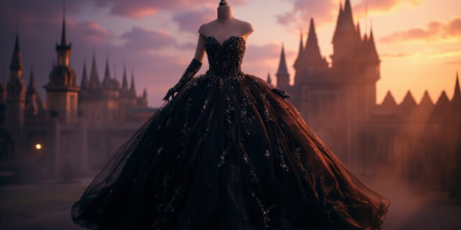 Black ballgown with full skirt and gloves on display stand before illuminated castle at dusk
