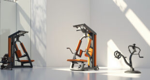 Modern gym interior showing chest press machine and dumbbells in steel and orange color scheme.