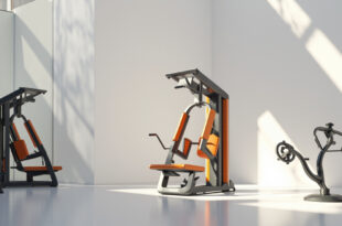 Modern gym interior showing chest press machine and dumbbells in steel and orange color scheme.