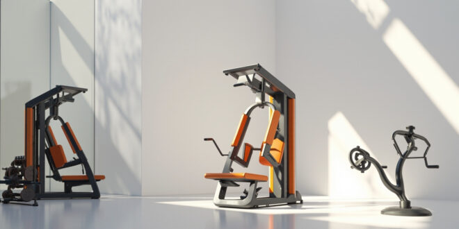 Modern gym interior showing chest press machine and dumbbells in steel and orange color scheme.