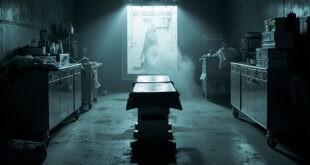 Steel autopsy table under harsh light with sample vials and clipboards in concrete examination room, cold vapor visible