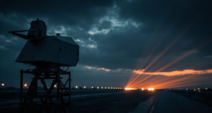 Anti-drone laser system positioned on airport tarmac with runway lights in background
