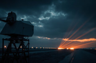 Anti-drone laser system positioned on airport tarmac with runway lights in background
