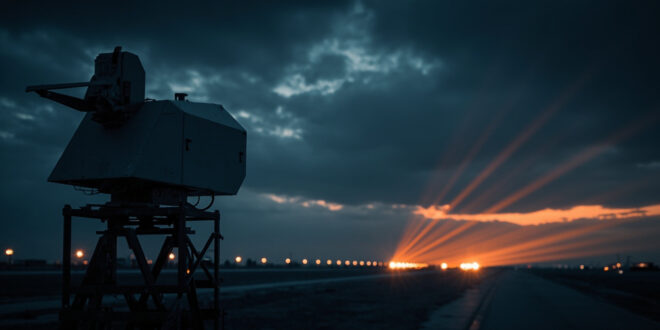 Anti-drone laser system positioned on airport tarmac with runway lights in background