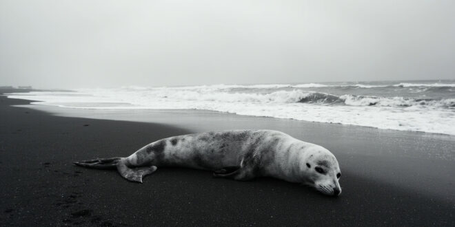 Seal carcass on dark sandy beach with Atlantic Ocean waves and misty coastal cliffs background