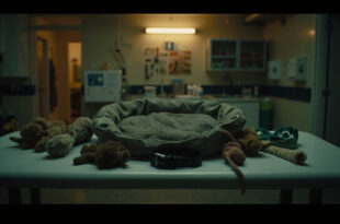 Empty dog collar and worn toys arranged on white veterinary table in dimly lit hospital room