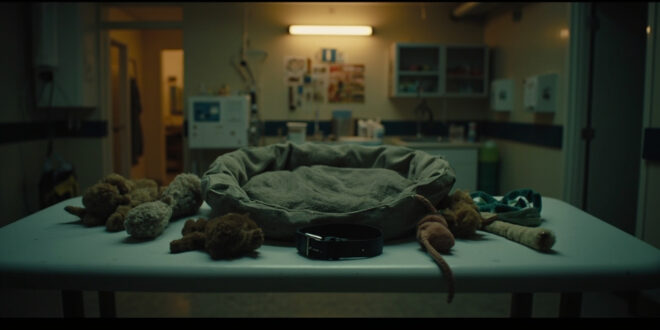 Empty dog collar and worn toys arranged on white veterinary table in dimly lit hospital room