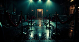 Empty red carpet barriers and metal crowd control fences outside illuminated opera house entrance at night