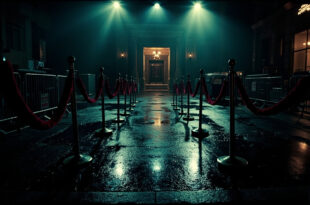 Empty red carpet barriers and metal crowd control fences outside illuminated opera house entrance at night