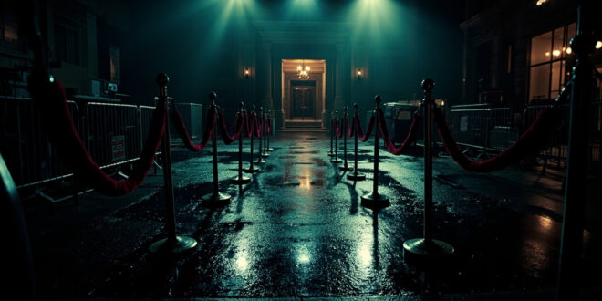 Empty red carpet barriers and metal crowd control fences outside illuminated opera house entrance at night