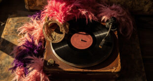 Pink feathered headpiece sits atop vintage record albums surrounded by theatrical costume pieces in golden lighting