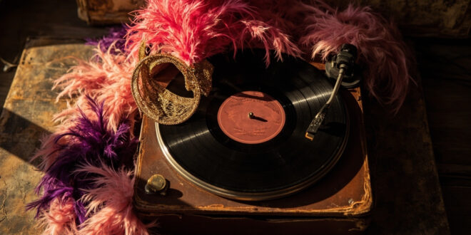 Pink feathered headpiece sits atop vintage record albums surrounded by theatrical costume pieces in golden lighting