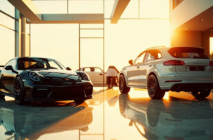 Black Porsche 911 sports car parked next to silver Porsche Cayenne SUV in modern dealership showroom