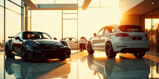 Black Porsche 911 sports car parked next to silver Porsche Cayenne SUV in modern dealership showroom
