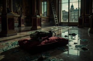 Broken museum vitrine with scattered glass shards on marble floor, empty jewelry display stand, construction tools nearby