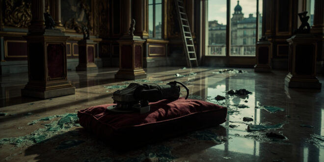 Broken museum vitrine with scattered glass shards on marble floor, empty jewelry display stand, construction tools nearby