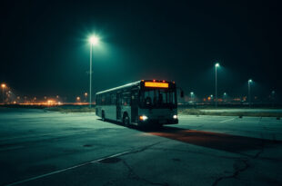 Empty coach bus parked alone on dark highway rest stop under cold artificial lighting