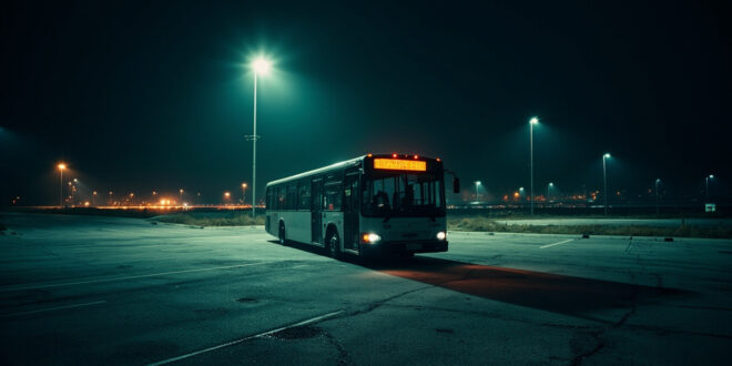 Empty coach bus parked alone on dark highway rest stop under cold artificial lighting