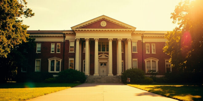 Historic brick university building with white columns standing majestically on empty campus quad under clear sky