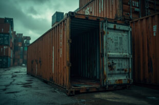 Open shipping container in industrial yard, interior dark with condensation on walls, exterior showing travel damage