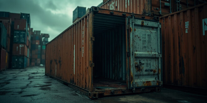Open shipping container in industrial yard, interior dark with condensation on walls, exterior showing travel damage