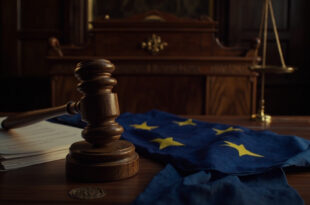 Judicial gavel resting on EU legal documents with blue and gold accents in formal courtroom setting