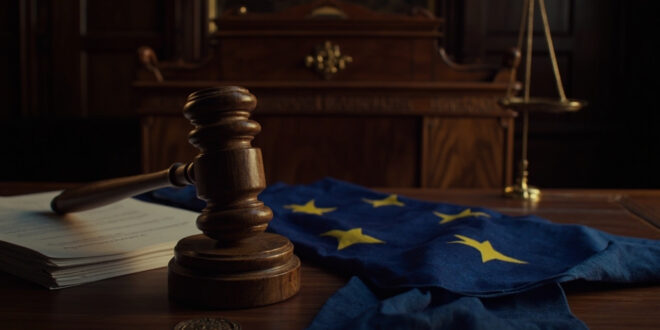 Judicial gavel resting on EU legal documents with blue and gold accents in formal courtroom setting