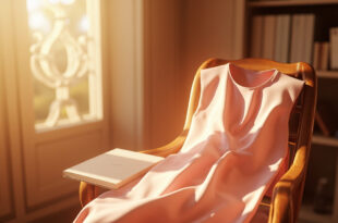 Pink dress draped over wooden chair beside closed book in softly lit library corner