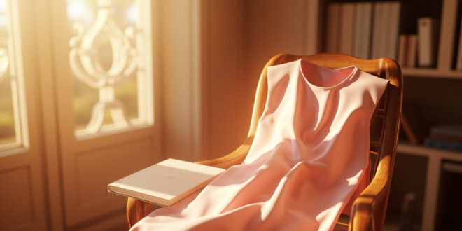 Pink dress draped over wooden chair beside closed book in softly lit library corner