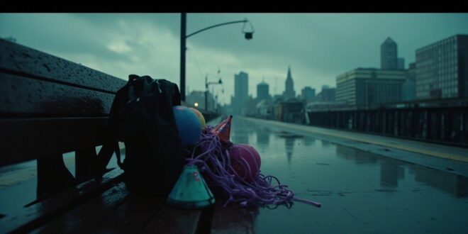 Empty train platform with scattered birthday party supplies and a lone backpack on wooden bench