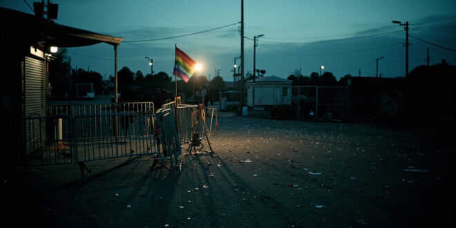 Empty metal barriers and scattered confetti outside closed festival gates at twilight