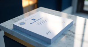 Official marriage documents with government seals on marble counter in courthouse office