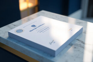 Official marriage documents with government seals on marble counter in courthouse office