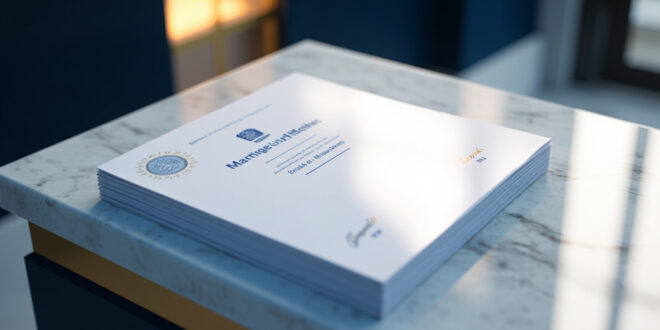 Official marriage documents with government seals on marble counter in courthouse office