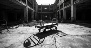 Overturned hospital gurney on cracked concrete with damaged building facade and debris in harsh sunlight