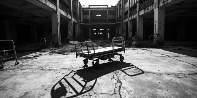 Overturned hospital gurney on cracked concrete with damaged building facade and debris in harsh sunlight