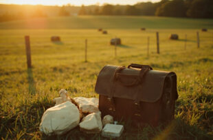 Vintage veterinary bag with medical supplies sits on wooden fence in green pasture with hay bales in background