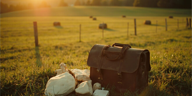 Vintage veterinary bag with medical supplies sits on wooden fence in green pasture with hay bales in background