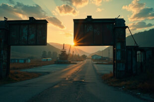 Empty factory gates with scattered industrial equipment in foreground, abandoned machinery in parking lots, Black Forest hills silhouetted at dusk