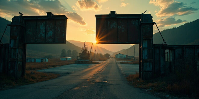 Empty factory gates with scattered industrial equipment in foreground, abandoned machinery in parking lots, Black Forest hills silhouetted at dusk