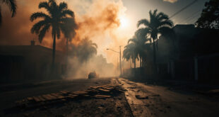 Smoky street scene with scattered debris and abandoned barricades in Madagascar capital